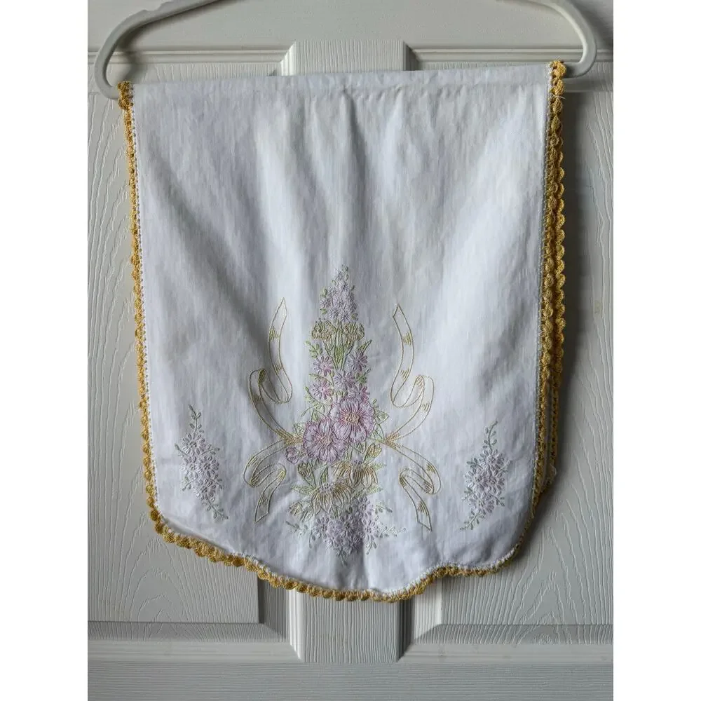 Vintage 38” Embroidered Floral Table Runner Yellow Lace Trim Cottagecore Granny
